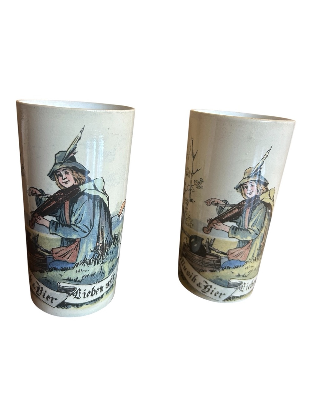 Antique Mettlach Villeroy & Boch Beer Beaker Pair 2327 1023 Pug Fiddle Player